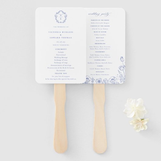 Regency Blue Ornate Crest Monogram Wedding Program Fächer (Vorne und Hinten)