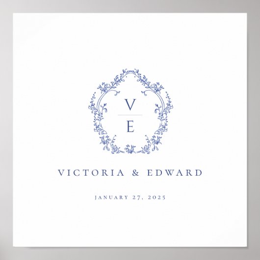 Regency Blue Verziert Wappen Monogram Wedding Poster (Vorne)