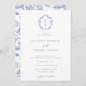 Regency Blue Wappen Monogram Wedding Einladung (Vorne/Hinten)