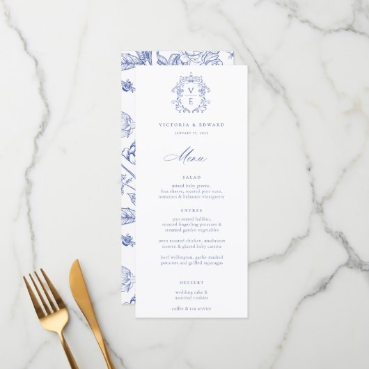 Regency Blue Wappen Monogram Wedding Menu Menükarte (Vorderseite/Rückseite Beispiel)