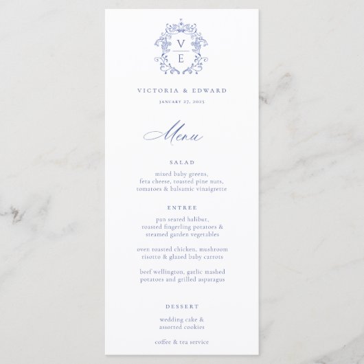 Regency Blue Wappen Monogram Wedding Menu Menükarte (Vorderseite)