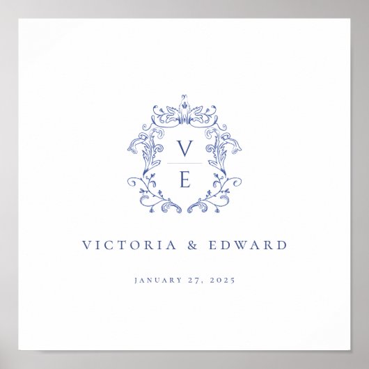 Regency Blue Wappen Monogram Wedding Poster (Vorne)