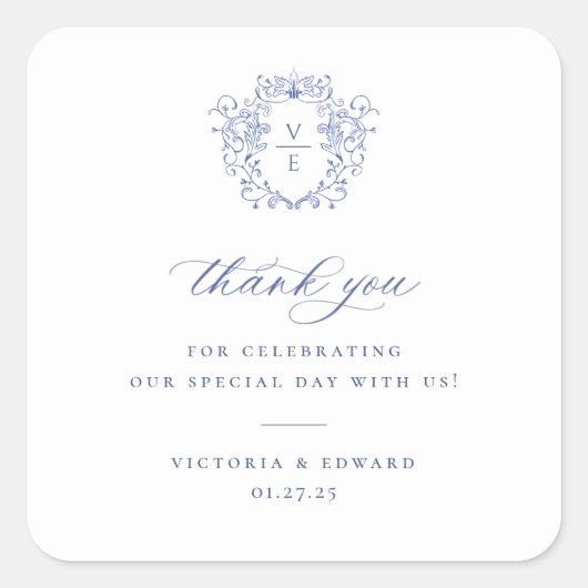 Regency Blue Wappen Monogram Wedding Vielen Dank Quadratischer Aufkleber (Vorderseite)