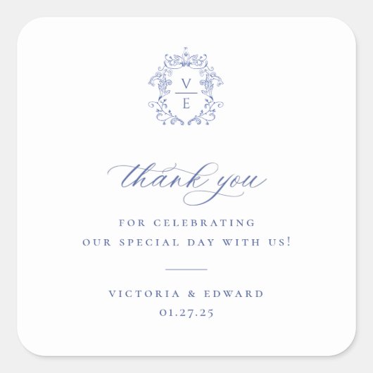 Regency Blue Wappen Monogram Wedding Vielen Dank Quadratischer Aufkleber (Vorderseite)