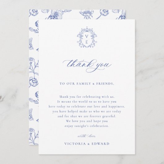 Regency Blue Wappen Wedding Reception Table Dankeskarte (Vorne/Hinten)