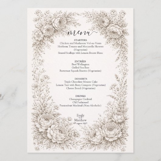 Regency-Botanik-Stich Hochzeitsmenükarte Menükarte (Vorderseite)
