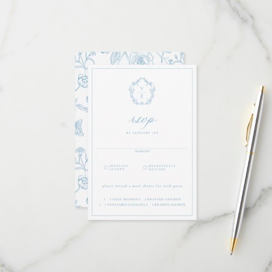 Regency Crest Light Blue Meal Choice Wedding RSVP Karte (Vorderseite/Rückseite Beispiel)