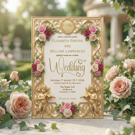 Regency-Epoche-Garten-Cherubim-Monogramm-Hochzeit Einladung