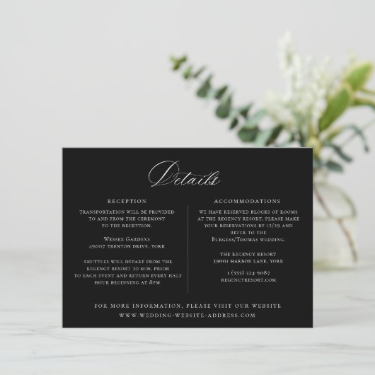 Regency Era Black Floral Wedding Details Card Einladung (Stehend Vorderseite)