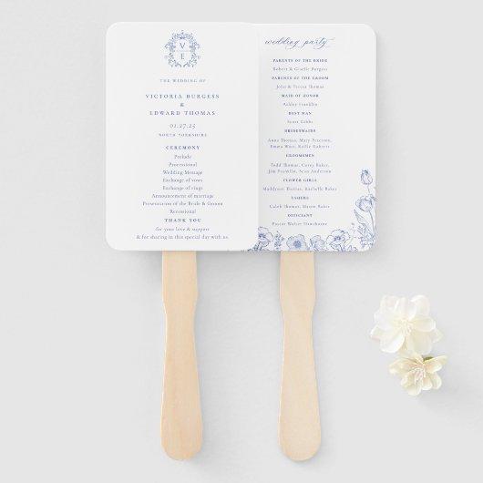 Regency Era Blue Crest Monogram Wedding Program Fächer (Vorne und Hinten)