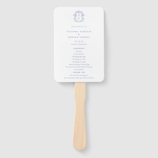 Regency Era Blue Crest Monogram Wedding Program Fächer (Vorderseite)
