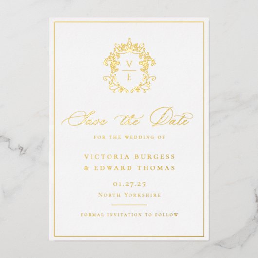 Regency Era Monogram Crest Wedding Photo Folieneinladung (Vorderseite)