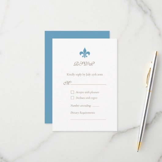 Regency French Blue Lilie Design Wedding RSVP Karte (Vorderseite/Rückseite Beispiel)