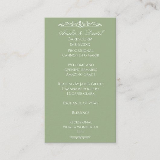 Regency Green Hochzeitszeremonie-Programm Begleitkarte (Vorderseite)