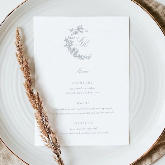 Regency-Monogramm-Hochzeitsmenü Menükarte
