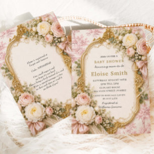 Regency-Rosa-Blumen-Toile-de-Jouy-Schleife-Baby-Pa Einladung