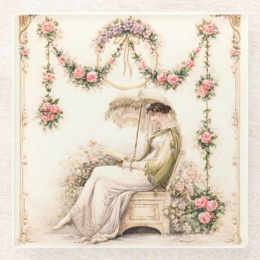 Regency-Rosengarten Lesende Dame Glasuntersetzer (Vorderseite)