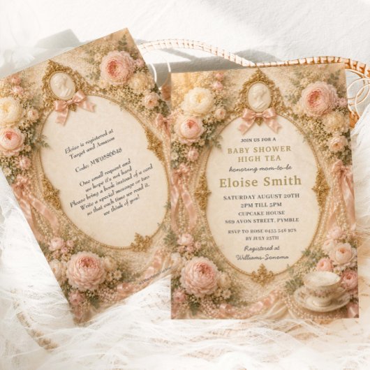 Regency-Teeparty-Baby-Party Pinke Blumen Perlen Einladung