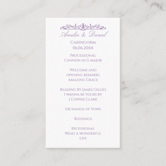 Regency-Violette Hochzeitszeremonie-Programm Begleitkarte (Vorderseite)