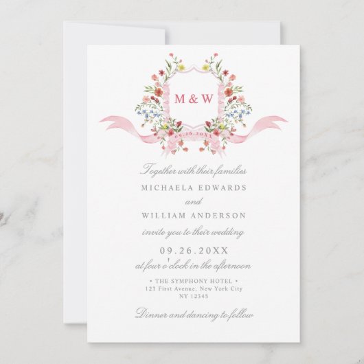 Regency Watercolor Botanical Pink Wappen Wedding Einladung (Vorderseite)
