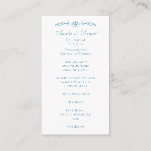 Regency White & Blue Hochzeitszeremonie-Programm Begleitkarte (Vorderseite)