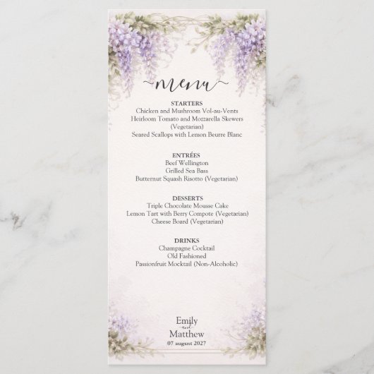 Regency Wisteria Wedding Menu Card Menükarte (Vorderseite)