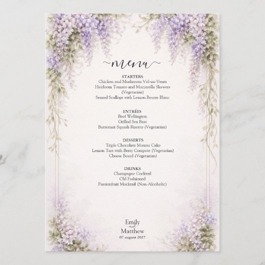Regency Wisteria Wedding Menu Card Menükarte (Vorderseite)