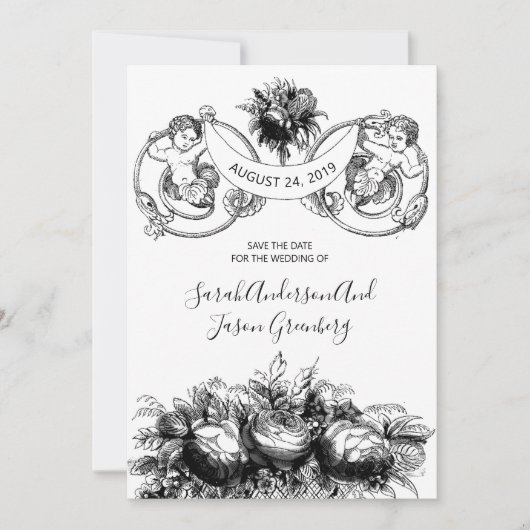 Regencycore Schwarz Weiß Stift Tinte Wasch Blumen Save The Date (Vorderseite)