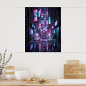 Regendurchtränktes Neongebiet Poster (Küche)
