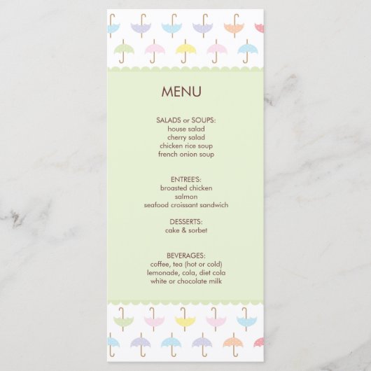 Regenduschmenü Menükarte (Vorderseite)