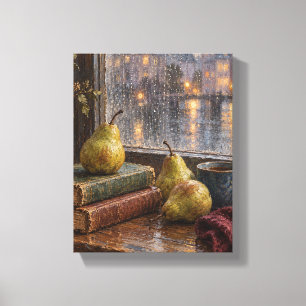 Regenfenster mit Vintage-Büchern und Birnen Leinwanddruck