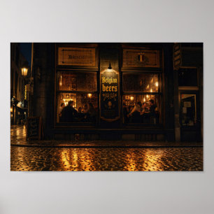 Regennächtliches belgisches Bierhaus-Abendplakat Poster