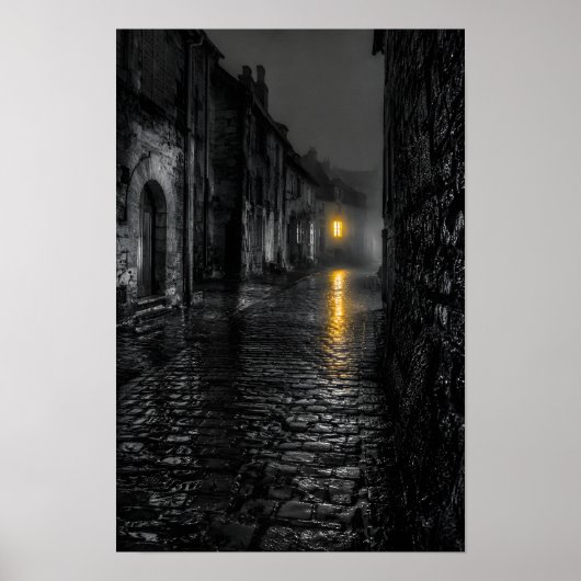 Regennasse Kopfsteinpflasterstraße Poster (Vorne)