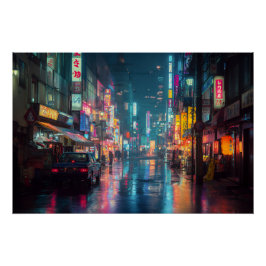 Regennasse Neon-Tokio-Gasse Poster