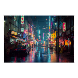 Regennasse Neon-Tokio-Gasse Poster
