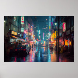 Regennasse Neon-Tokio-Gasse Poster