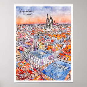 Regensburg Deutschland vintage Reise Wasserfarbe Poster