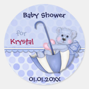 Regenschirm-Bärn-blaue Tupfen-Babyparty Runder Aufkleber
