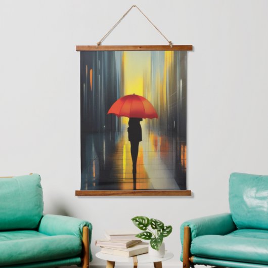 Regenschirm in Red Wall Tapestes Wandteppich Mit Holzrahmen (Wohnzimmer)