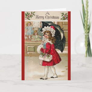 Regenschirm-Mädchen Vintage-Weihnachtskarte Feiertagskarte
