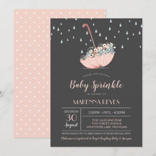 Regenschirm mit Blumen Mädchen oder Zwillings-Baby Einladung (Vorne/Hinten)