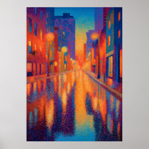 Regenstadt-Straßen-Pointillismus-Lichter Poster