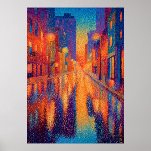 Regenstadt-Straßen-Pointillismus-Lichter Poster (Vorne)
