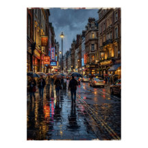 Regenstadt-Straßenplakat | Neonlichter-Nachtszene