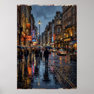 Regenstadt-Straßenplakat Neonlichter-Nachtszene Poster