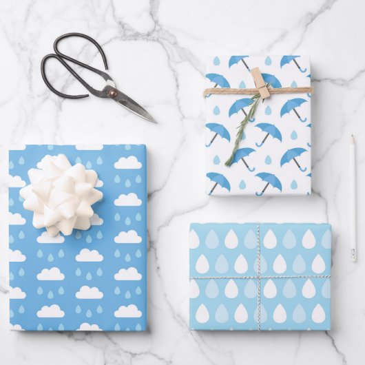 Regentag Blues Wolken, Regenschirme und Regenfälle Geschenkpapier Set (Vorderseite)