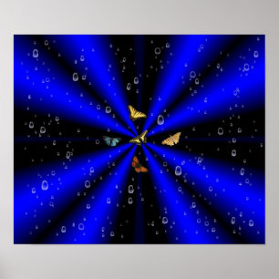 Regentropfen und Schmetterling auf schwarz und bla Poster