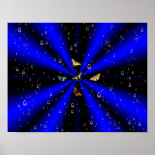 Regentropfen und Schmetterling auf schwarz und bla Poster