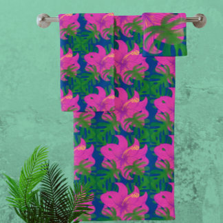 Regenwald-Träume Hibiskus Grün Blau Hot Pink Badhandtuch Set