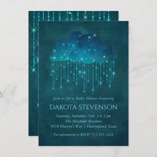 Regenwolken | Moody Aquamarin Babydusche Einladung (Vorne/Hinten)